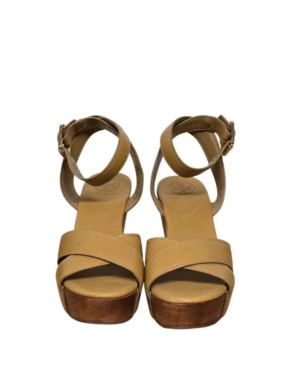 Tory Burch Almita Sandals Women's Size 8 Leather Ankle Strap Wooden Heel Wedges